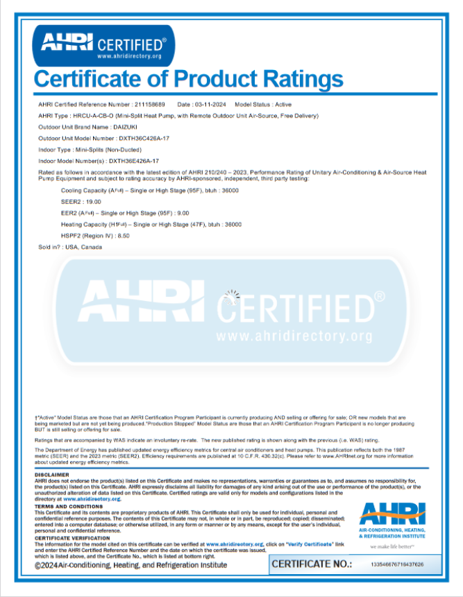 36000 BTU Daizuki AHRI
