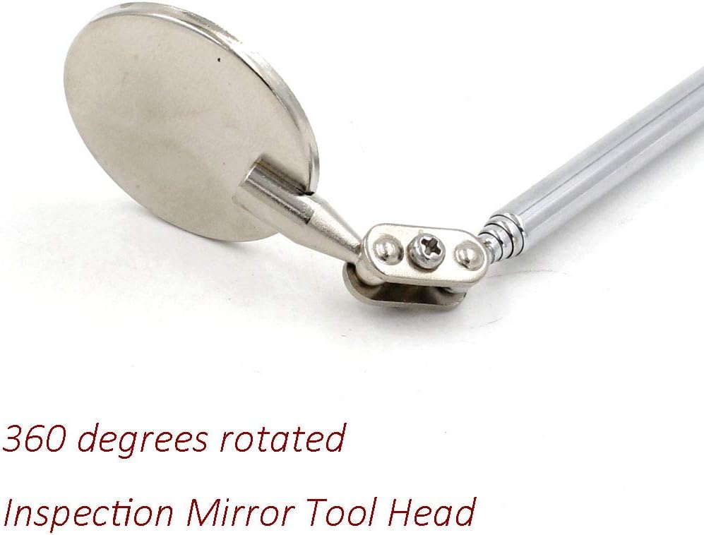 Inspection mirror tool head with a metallic finish on a white background