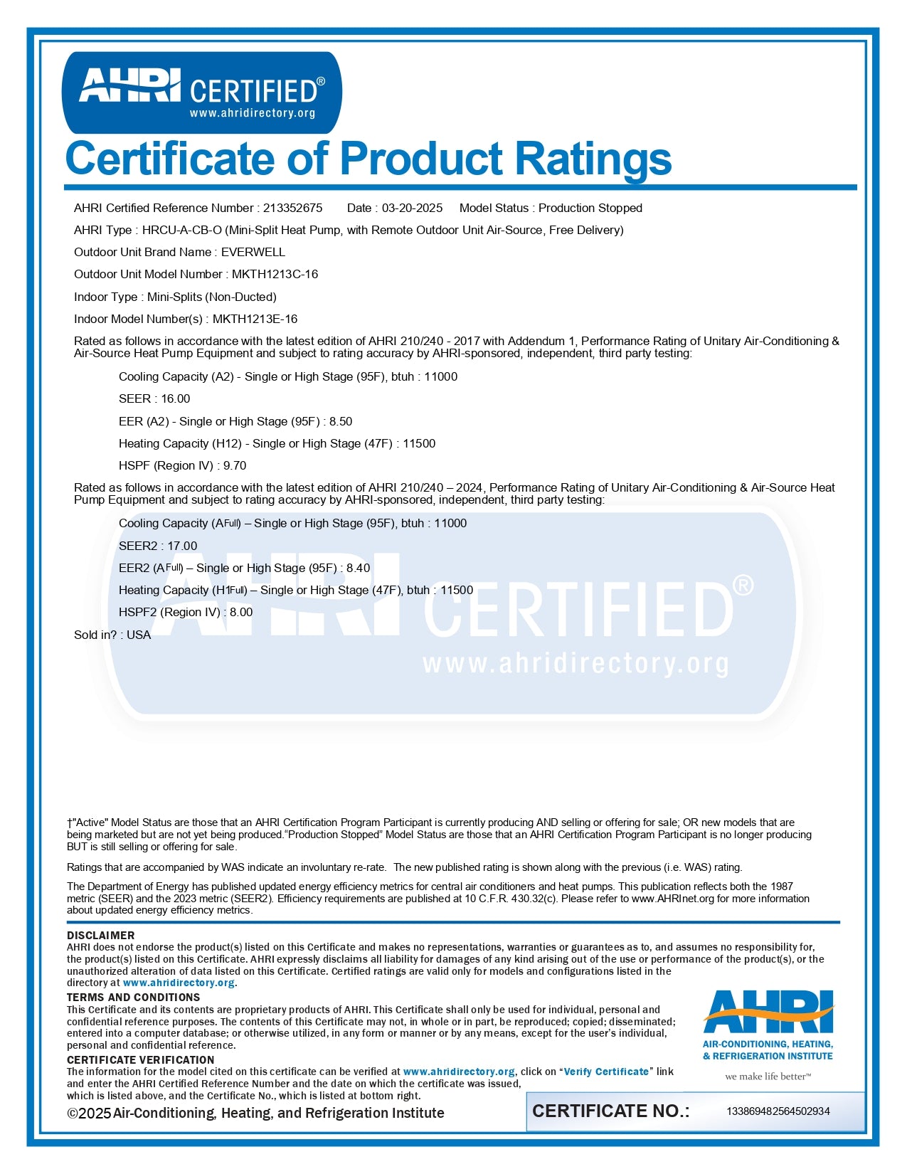 Certificate of Product Ratings 12000 BTU 17 SERR2 Mini Split