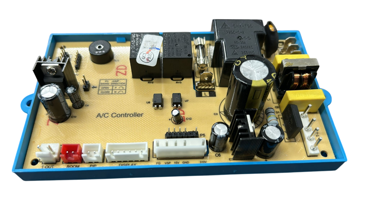 A/C controller board with various electronic components on a white background