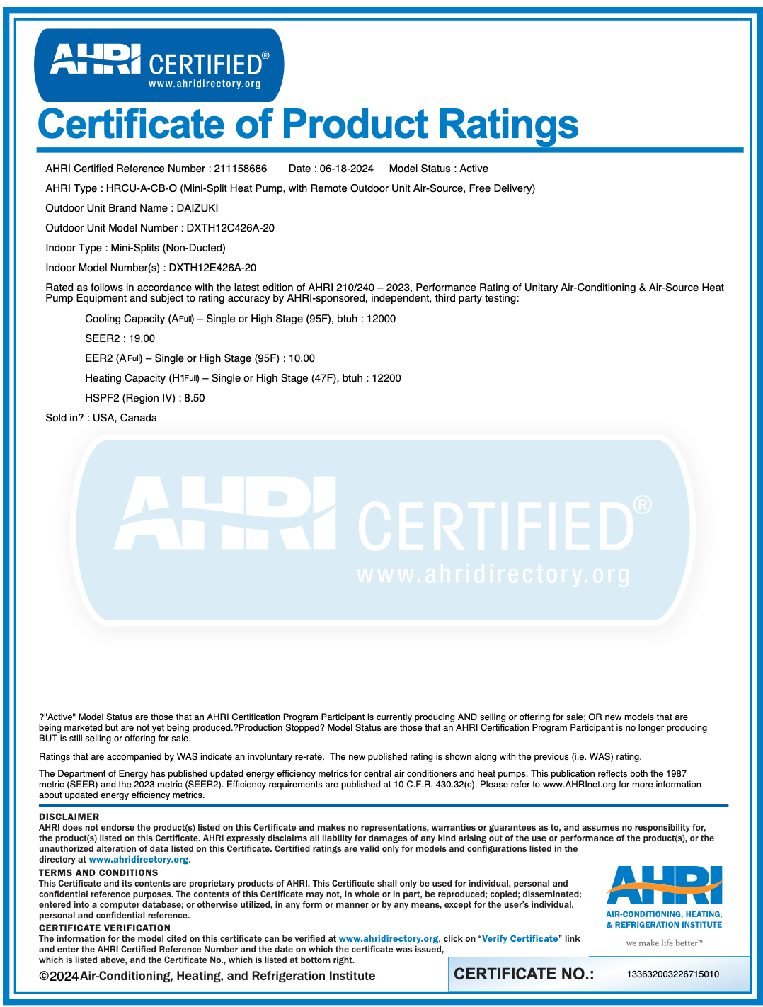 DXTH12X426A-20 AHRI Certfied