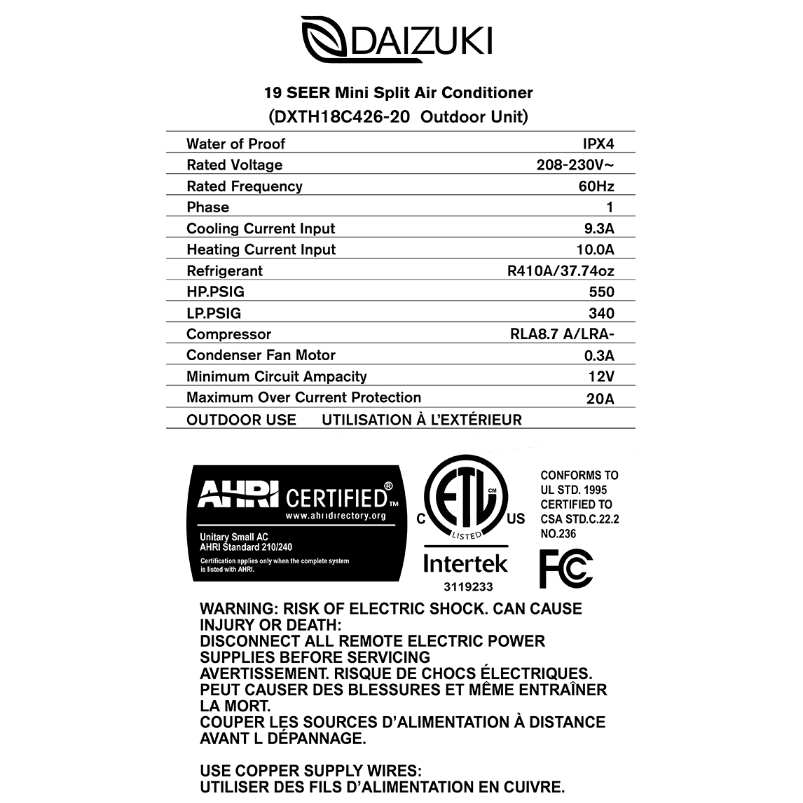 Daizuki 18000 BTU Air Conditioner Mini Split 20 SEER2 INVERTER Ductless Heat Pump 220V WIFI Included