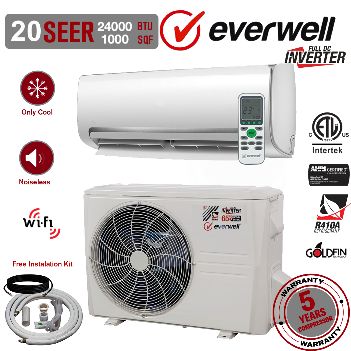 24000 BTU Mini Split 220V INVERTER Quiet Efficient Comfort Only Cold 2 Ton AC WiFi