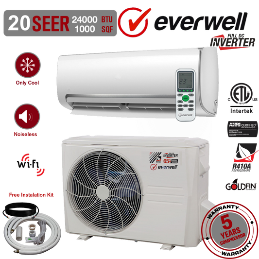 24000 BTU Mini Split 220V INVERTER Quiet Efficient Comfort Only Cold 2 Ton AC WiFi