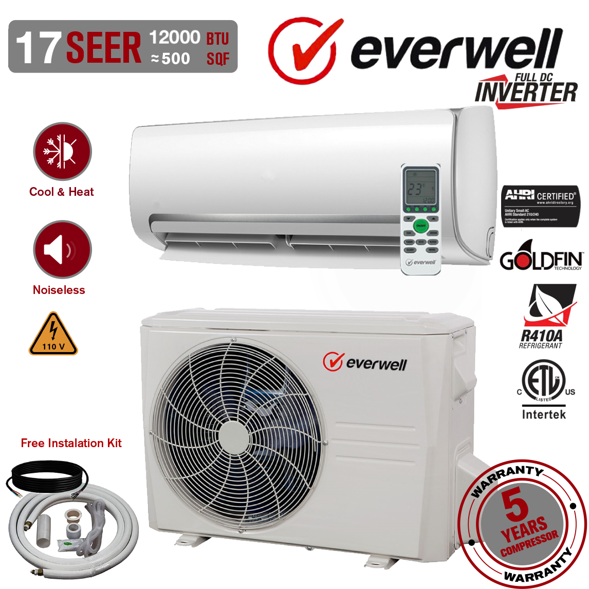 12000 BTU Mini Split Air Conditioner Inverter Heat Pump Ultra Quiet 17 SEER2 110V 1 Ton