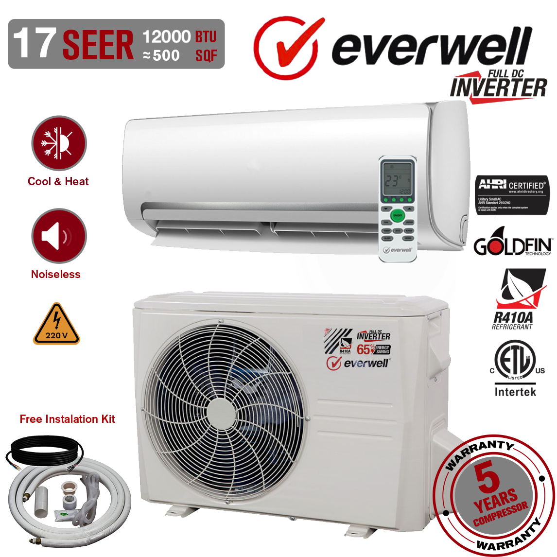 12000 BTU Mini Split Air Conditioner Inverter Heat Pump Ultra Quiet 17 SEER2 220V