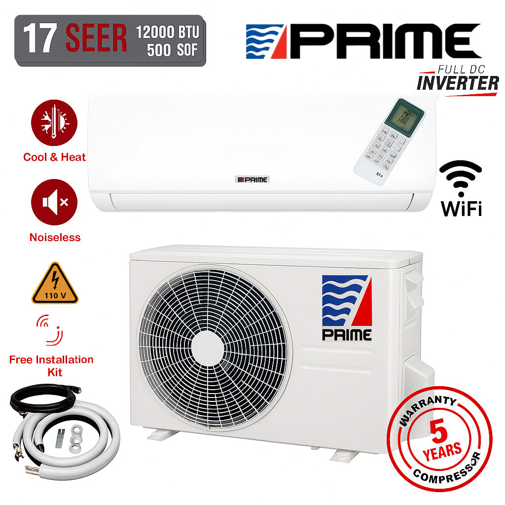 Prime Mini Split Inverter 12000 BTU (1 Ton) 115V – Heat & Cool, WiFi, Silent Mode, 17 SEER2