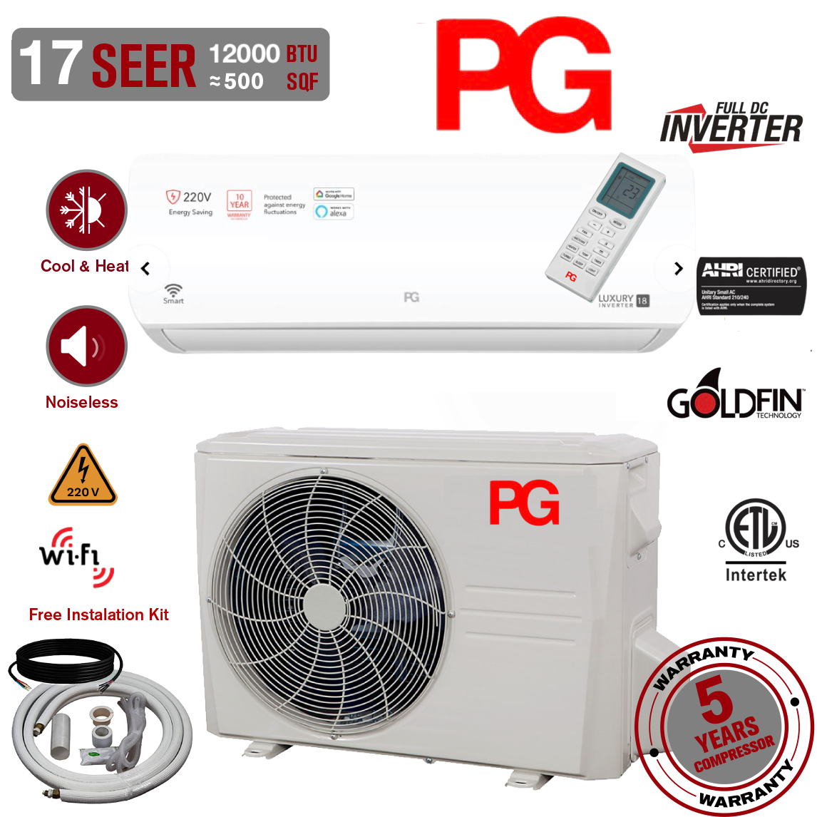 12000 BTU Mini Split Air Conditioner Inverter Heat Pump Ultra Quiet 17 SEER2 220V WiFi