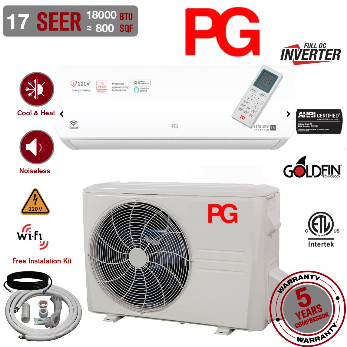 18000 BTU Mini Split Air Conditioner Inverter Heat Pump Ultra Quiet 17 SEER2 220V WiFi