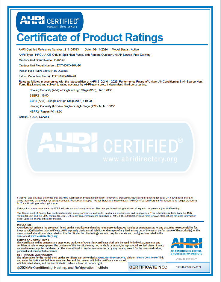 Daizuki 9000 BTU Air Conditioner Mini Split 20 SEER2 INVERTER Ductless Heat Pump 110V WIFI Included