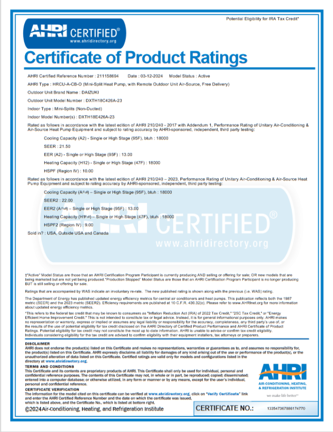 Daizuki 18000 BTU Air Conditioner Mini Split 23 SEER2 INVERTER Ductless Heat Pump 220V WIFI Included