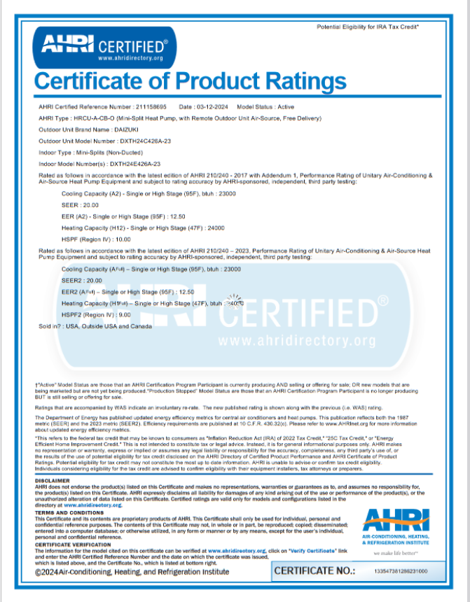 Daizuki 24000 BTU Air Conditioner Mini Split 23 SEER2 INVERTER Ductless Heat Pump 220V WIFI Included