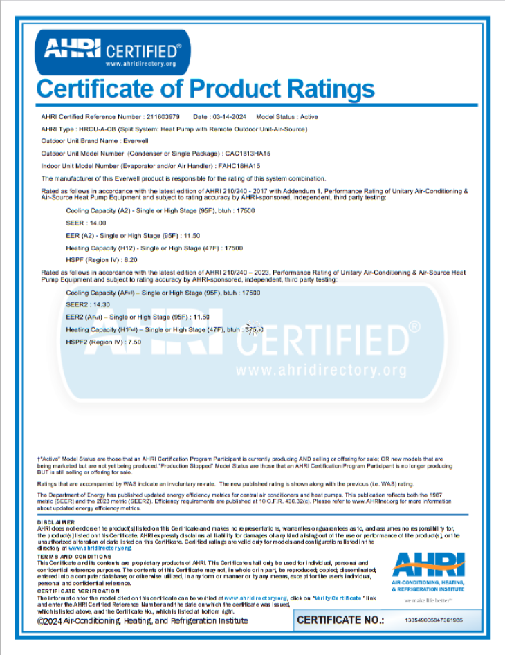 Everwell 18000BTU 15 SEER2 Central Split Front Return Air Handler AC Heat Pump System