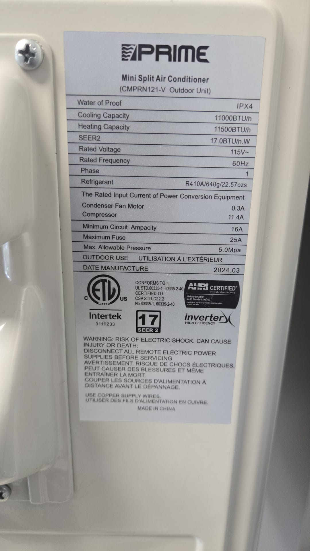Prime Mini Split Inverter 12000 BTU (1 Ton) 115V – Heat & Cool, WiFi, Silent Mode, 17 SEER2