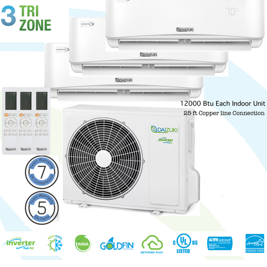 Tri Zone Mini Split System – 3x 12,000 BTU Wall Units | 24 SEER Inverter | Heat & Cool | WiFi | 25 Ft Copper Line