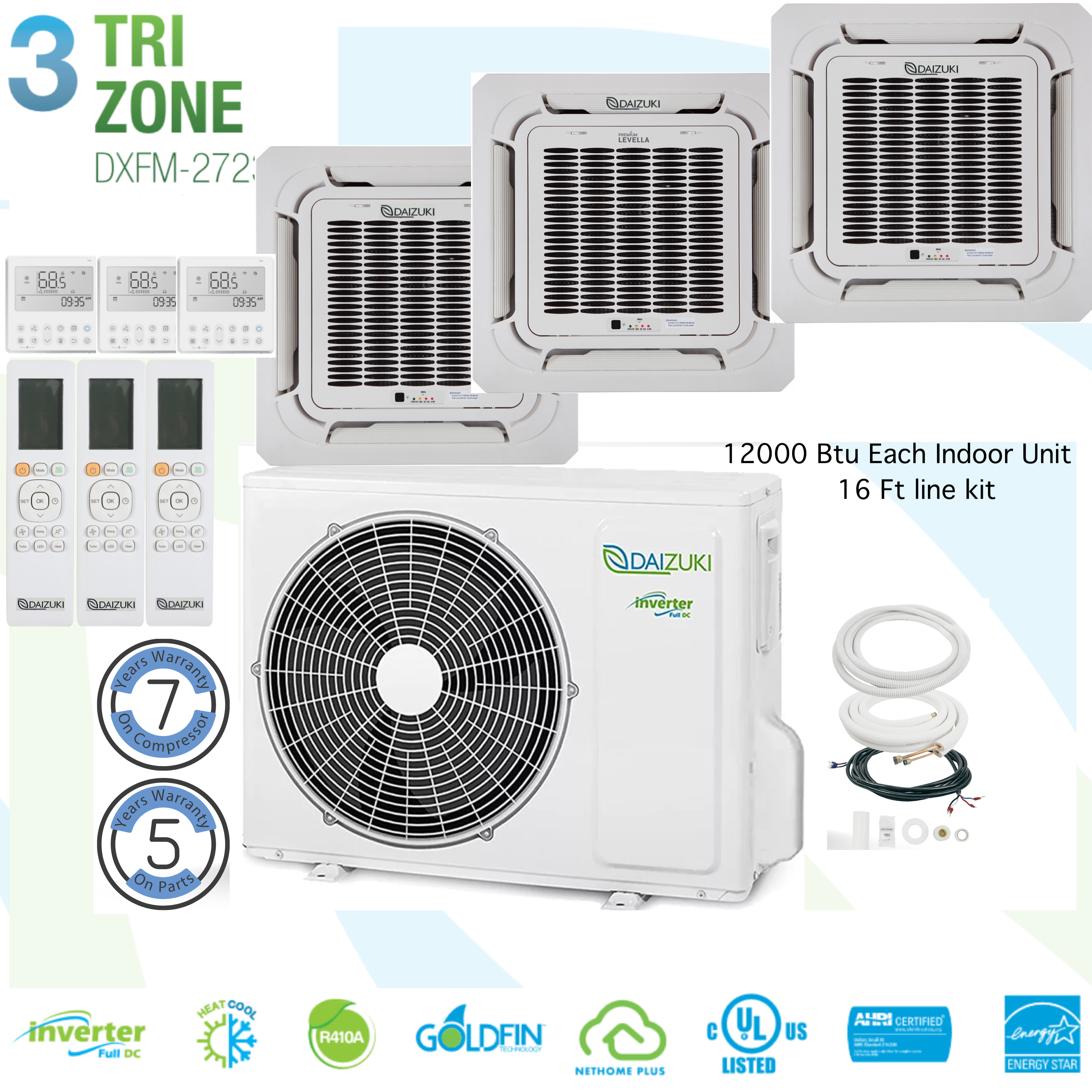 Tri Zone Ceiling Cassette 12000 Btu 16 Ft line Kit 23 SEER