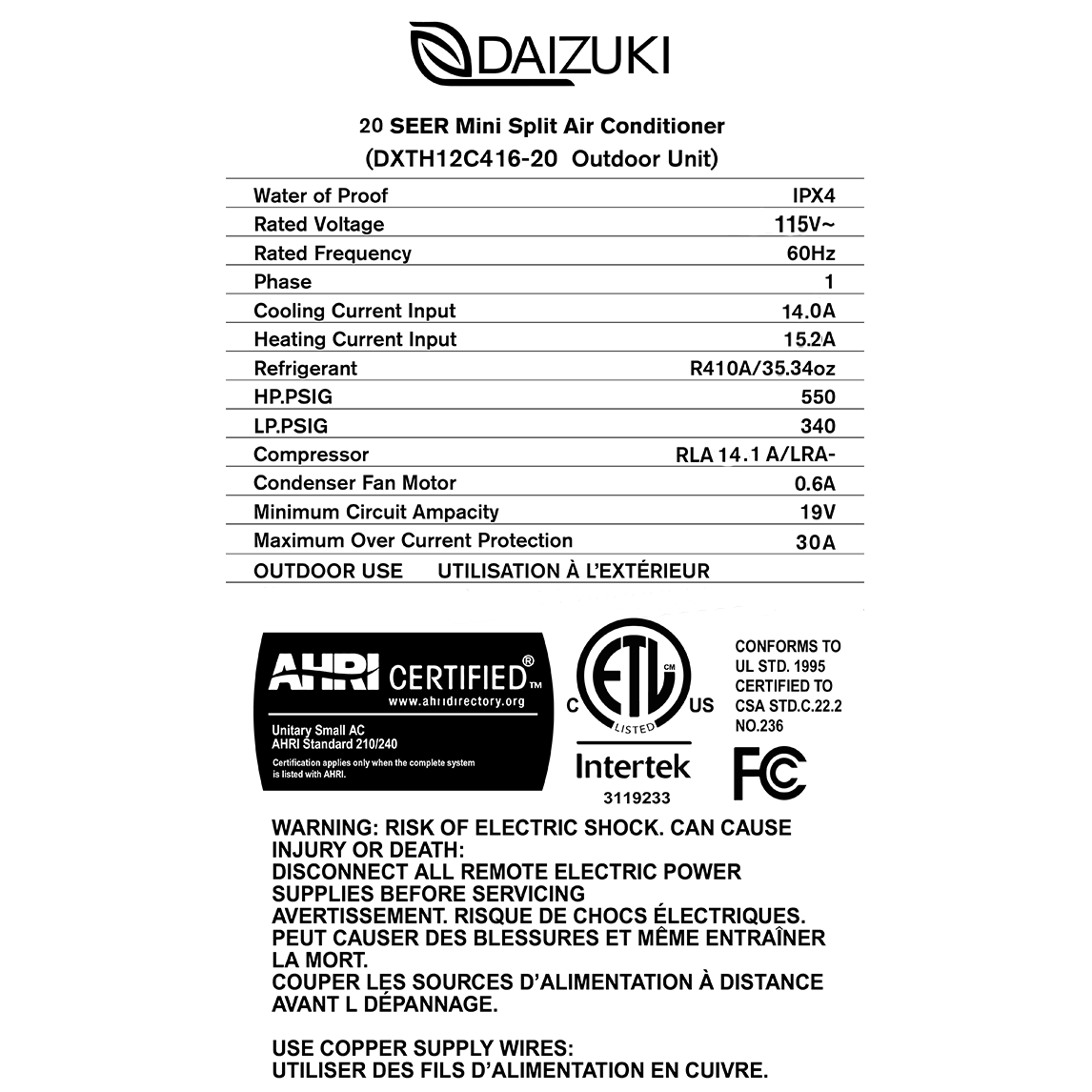 Daizuki 12000 BTU Air Conditioner Mini Split 20 SEER2 INVERTER Ductless Heat Pump 110V WIFI Included