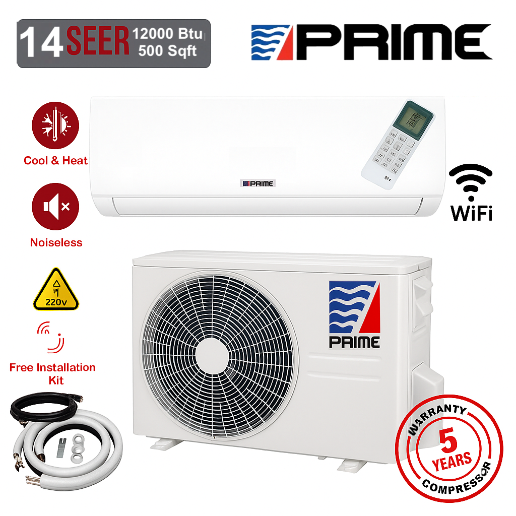 12000 BTU Ductless Mini Split AC Heat Pump | WiFi, 14 SEER, 220V R-410, Kit Included