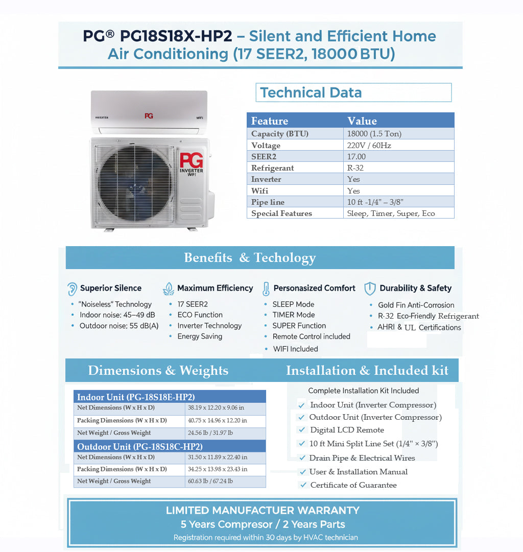 18000 BTU Mini Split Air Conditioner Inverter Heat Pump Ultra Quiet 17 SEER2 220V WiFi