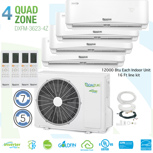 Quad Zone 22.2 SEER Ductless Mini Split Air Conditioner Inverter Wifi Heat Pump 4 High Wall 12000 Btu 16 Ft line Kit