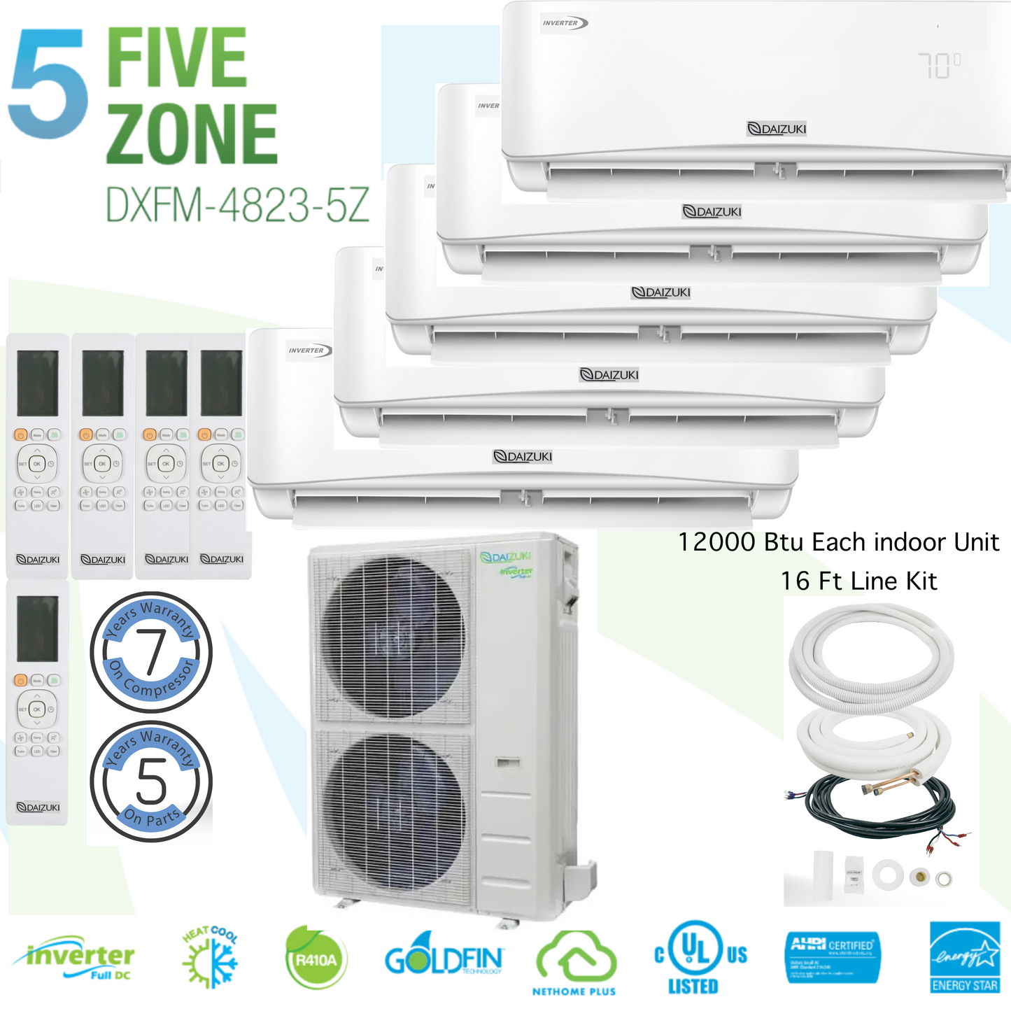 Quint Zone 21.8 SEER Ductless Mini Split Air Conditioner Inverter Wifi Heat Pump 4 High Wall 12000 Btu 16 Ft line Kit