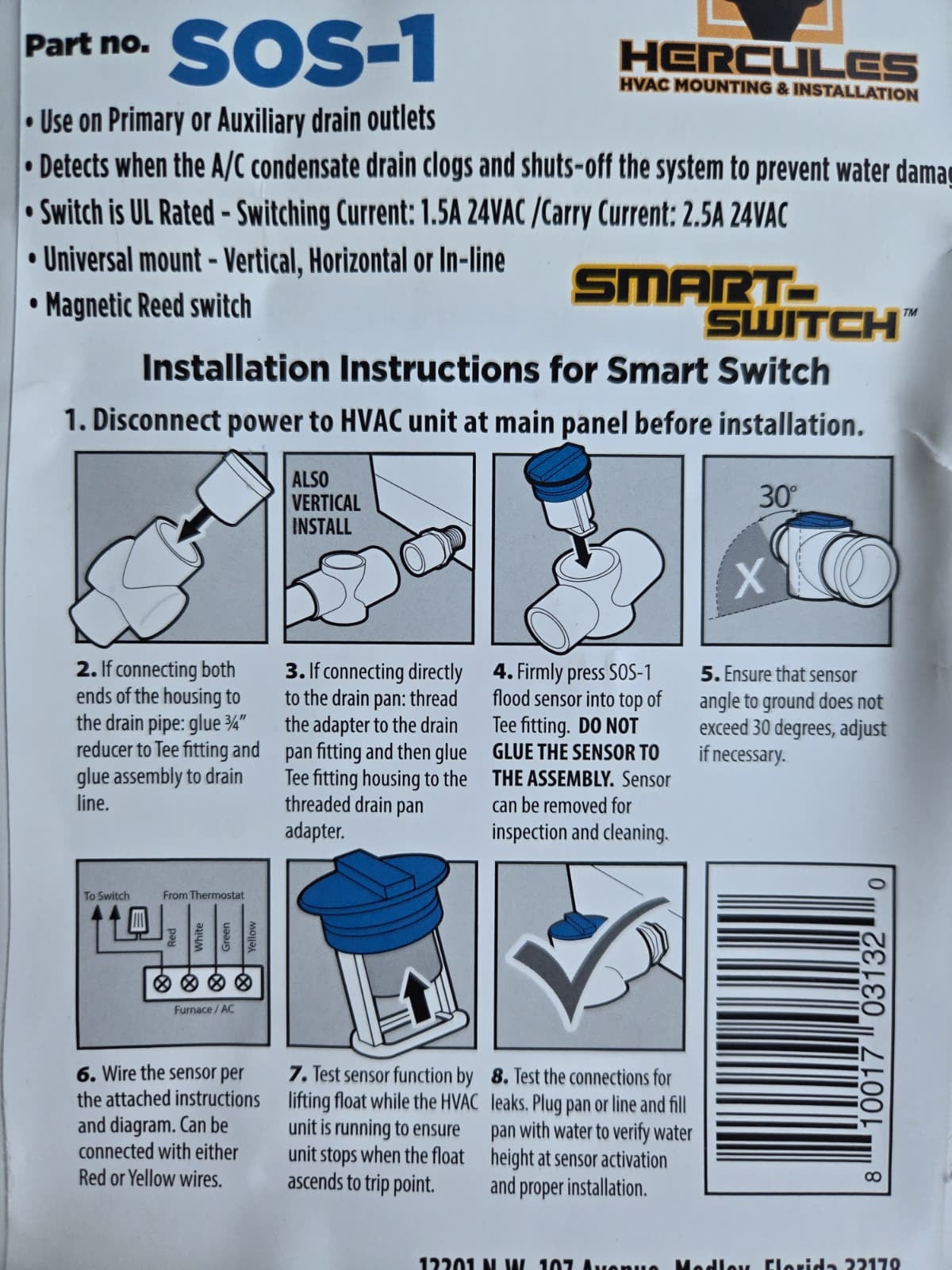 SOS-1 Condensate Overflow Safety Switch for A/C Drain Lines. Instructions