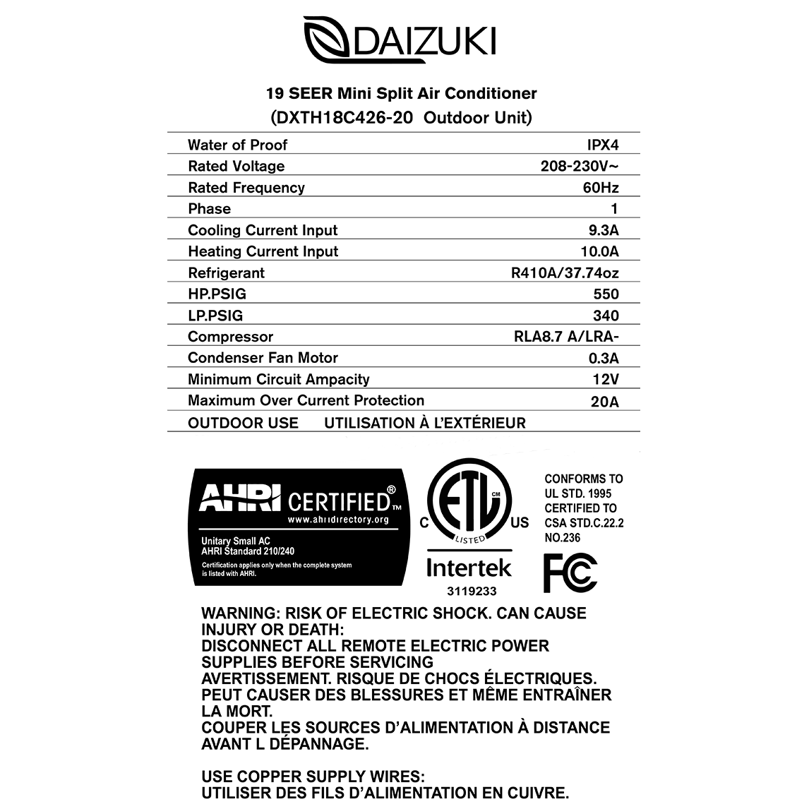 Daizuki - 18000 BTU Air Conditioner Mini Split 20 SEER2 INVERTER Ductless Heat Pump 220V WIFI Included