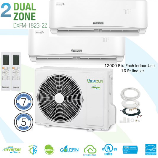 Dual Zone 2 High Wall 12000 Btu 16 Ft line Kit 22 SEER Ductless Mini Split Air Conditioner Inverter Wifi Heat Pump