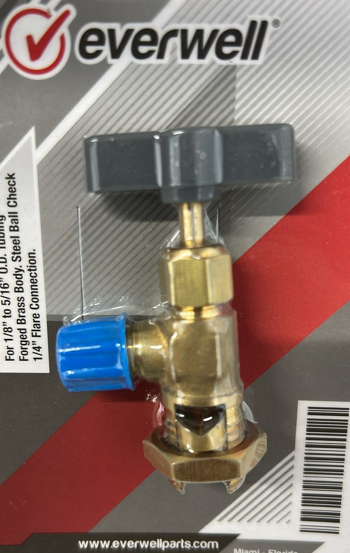 Brass valve with blue cap on Everwell branded packaging