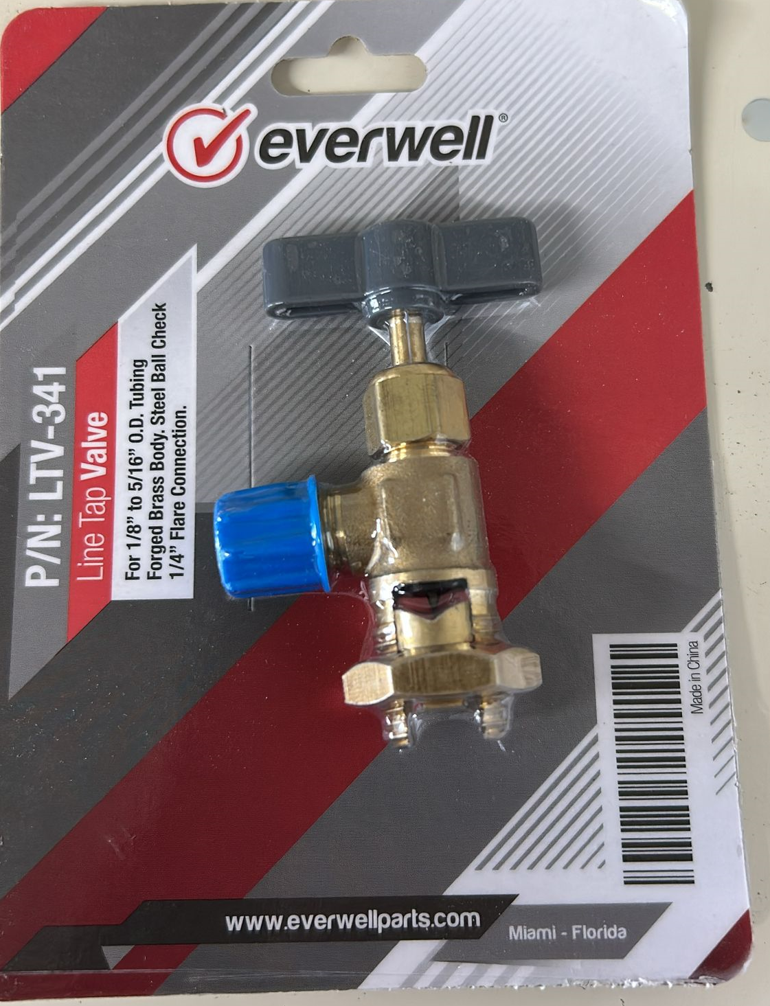 Everwell line tap valve on a packaging card with branding and product details.