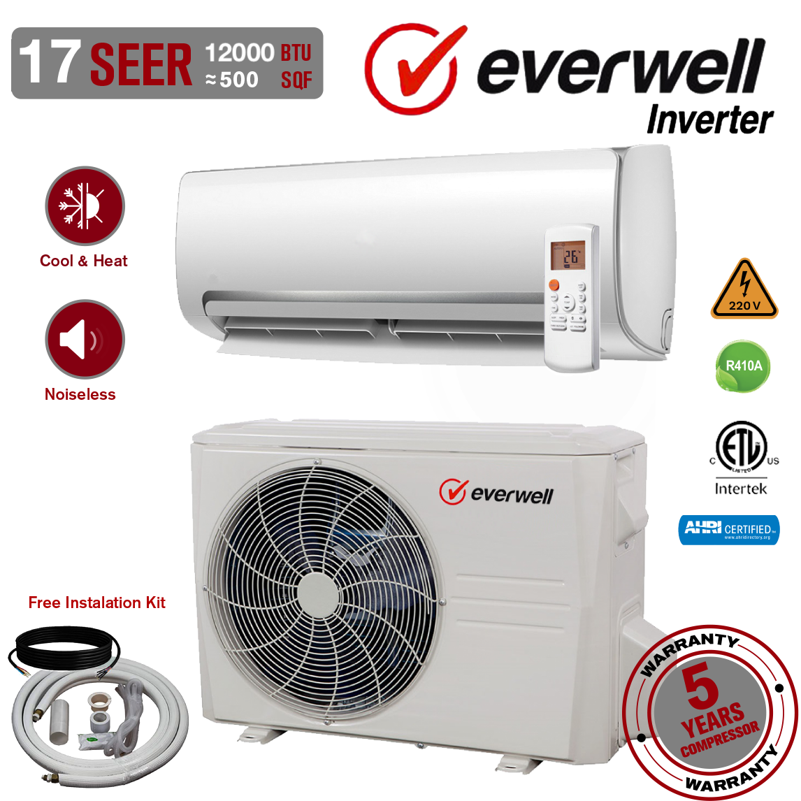 Everwell® 12000 BTU Air Conditioner Mini Split 17 SEER2 INVERTER AC Ductless Heat Pump 220V
