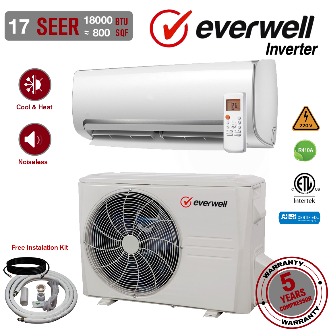 18000 BTU Mini Split Air Conditioner Inverter Ductless 17 SEER2 110V heat pump