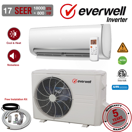 Everwell® 18000 BTU AC Mini Split 17 SEER2 INVERTER AC Ductless Heat Pump 220V