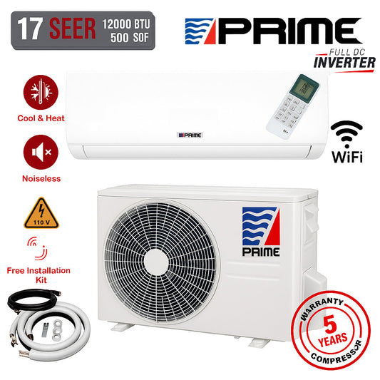 Prime Mini Split Inverter 12000 BTU (1 Ton) 115V – Heat & Cool, WiFi, Silent Mode, 17 SEER2