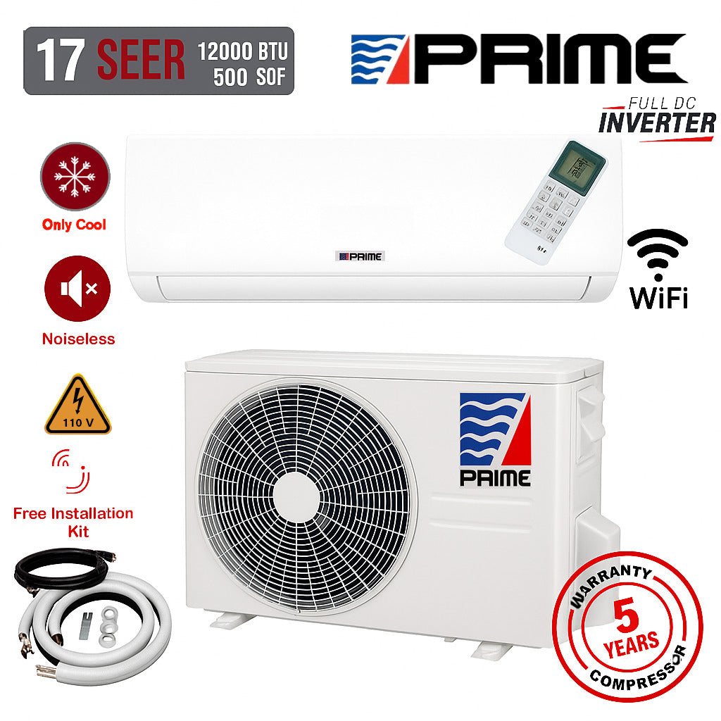 Mini Split 12,000 BTU – Wi-Fi Ductless AC, Cooling Only, 17 SEER2, 110V, Eco-Friendly