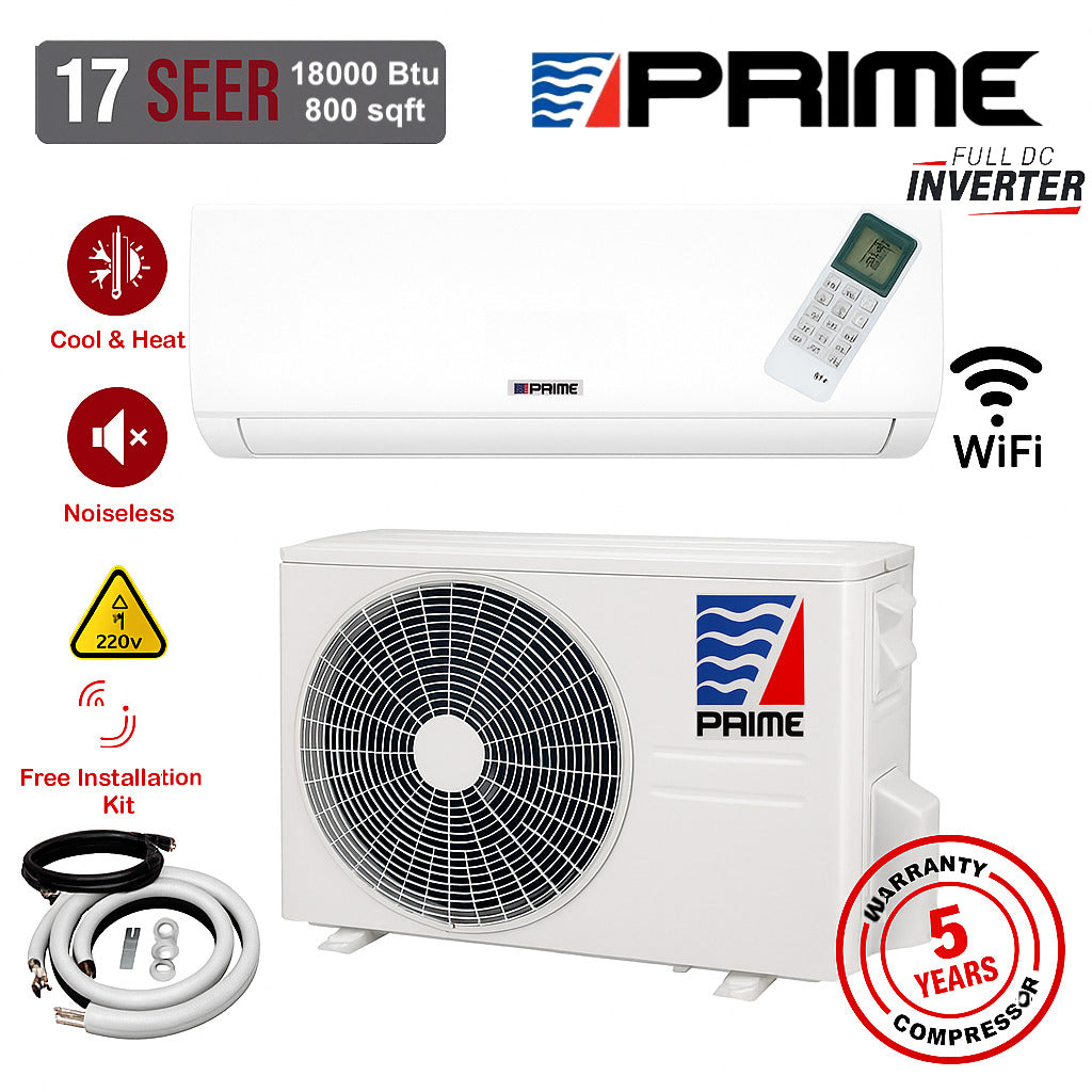 18000 BTU Mini Split Air Conditioner Inverter Heat Pump Ultra Quiet 17 SEER2 220V WiFi
