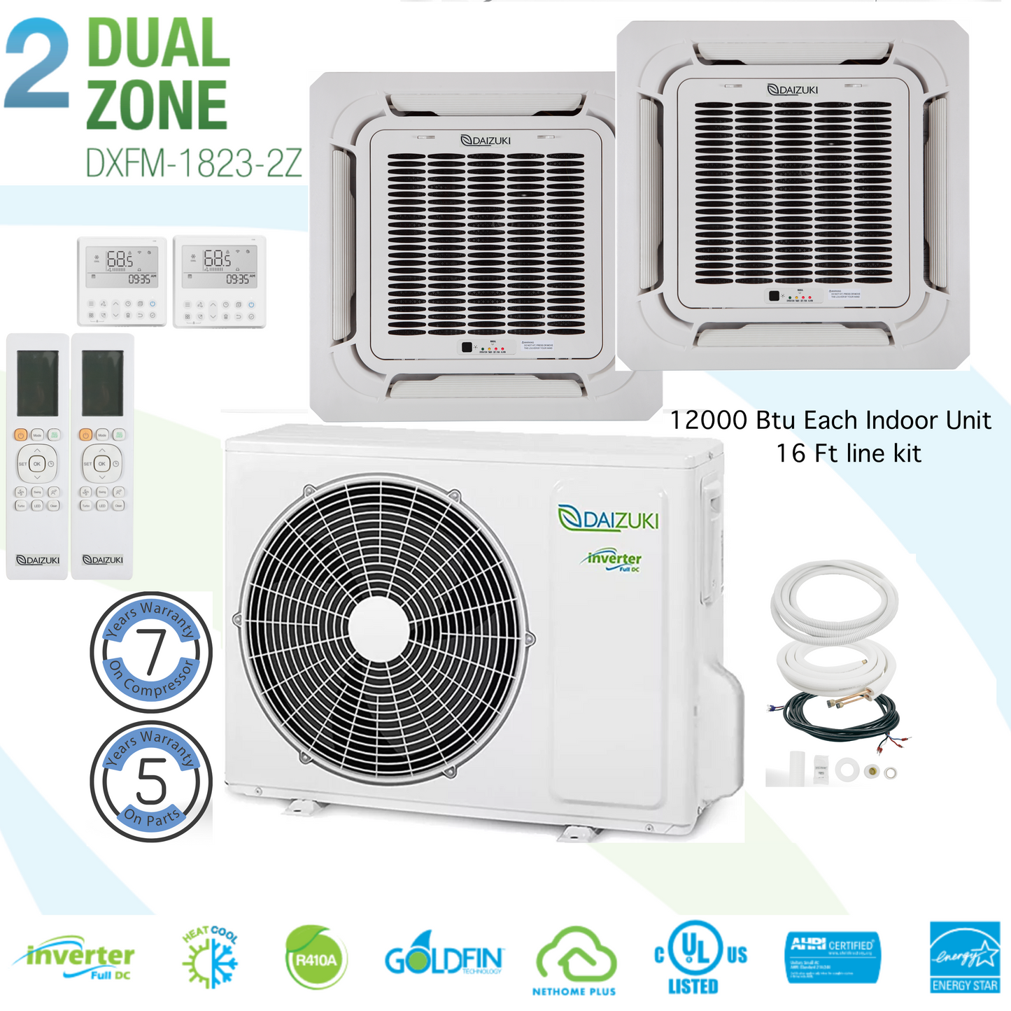 Dual Zone 2 Ceiling Cassette 16 Ft line Kit 22 SEER Ductless Mini Split Air Conditioner Inverter Wifi Heat Pump 12000 Btu 16 Ft line Kit