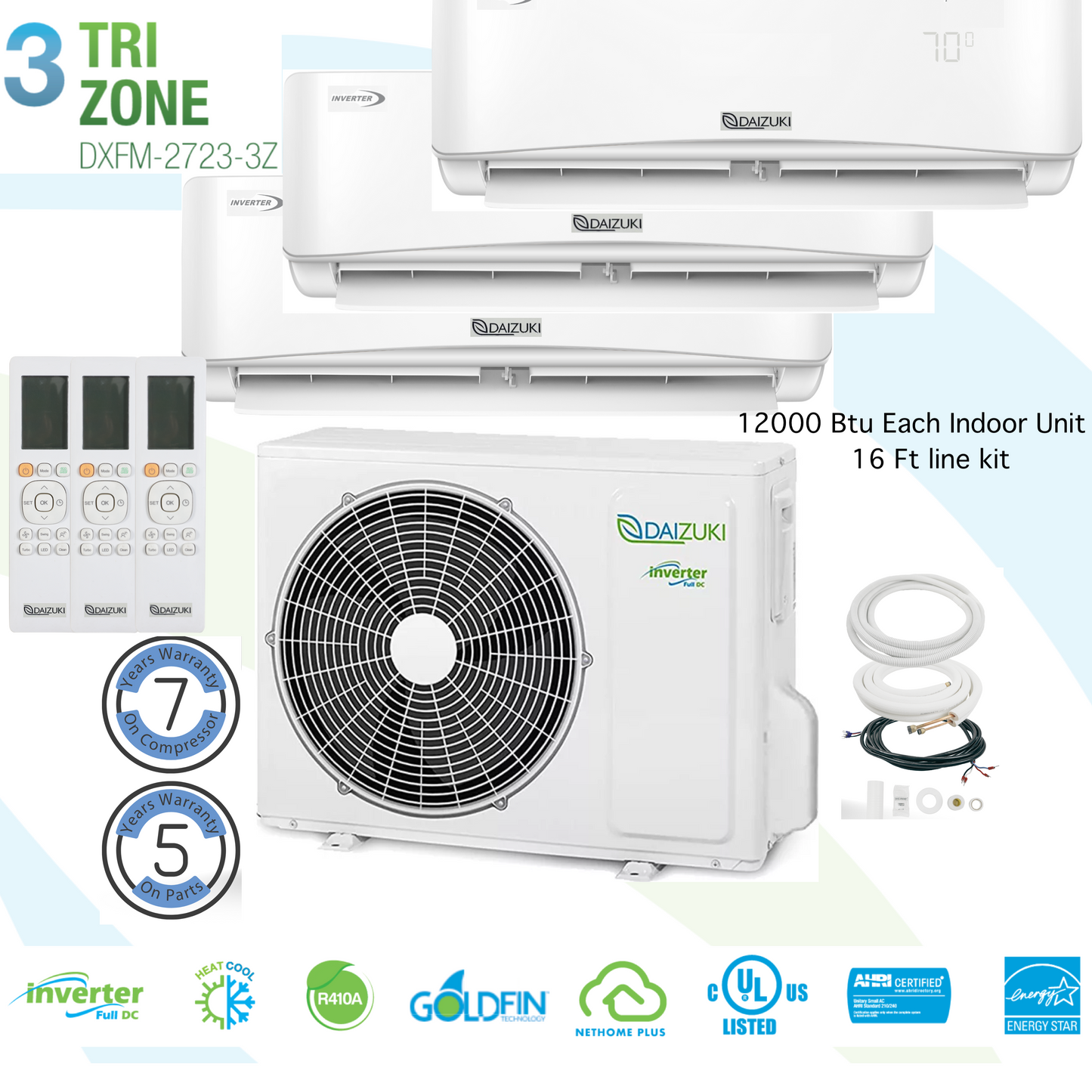 Tri Zone 3 High Wall 12000 Btu 16 Ft line Kit 23 SEER Ductless Mini Split Air Conditioner Inverter Wifi Heat Pump