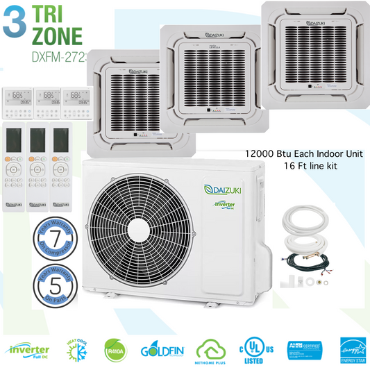 Tri Zone 3 Ceiling Cassette 12000 Btu 16 Ft line Kit 23 SEER Ductless Mini Split Air Conditioner Inverter Wifi Heat Pump